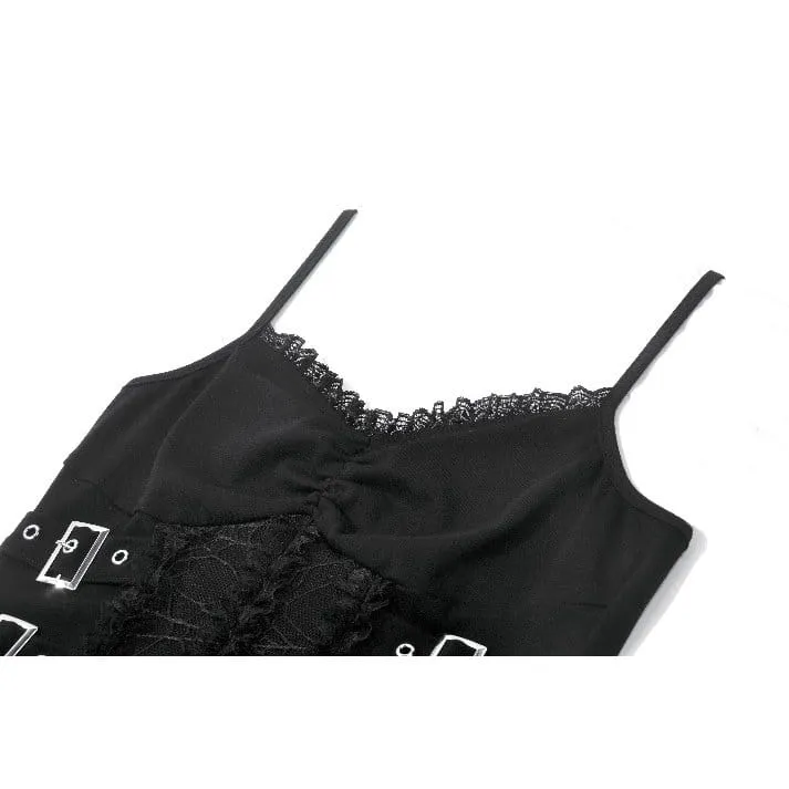 Gothic-Tanktop für Damen mit mehrlagigen Schnallenriemen, Spitzenapplikationen