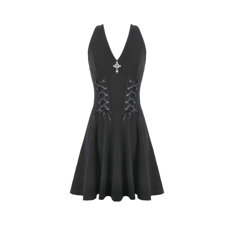 Gothic-Kurzkleid für Damen mit tiefem Ausschnitt und Schnürung