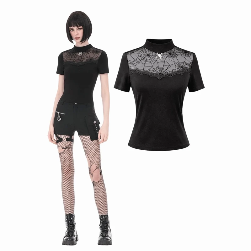 Gothic-T-Shirt für Damen mit Spinnennetz-Motiv und kurzen Ärmeln