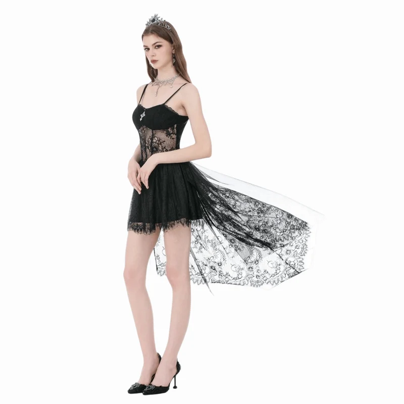 Gothic-Kleid mit Blumenmuster, transparentem Unterkleid und Schleppe für Damen