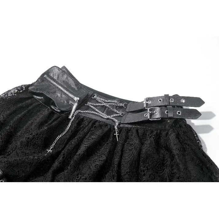Gothic-Minirock für Damen mit Ösen- und Schnallenriemen sowie Kettenverzierung