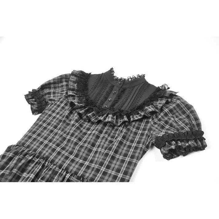 Gothic-Kleid für Damen mit Rüschen, Karomuster und kurzen Ärmeln