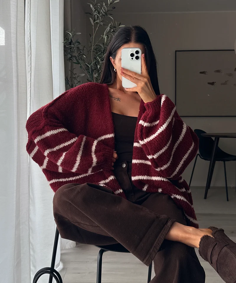 Cardigan Ray gestreift Weinrot