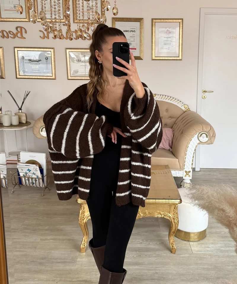 Cardigan Ray gestreift Dunkelbraun