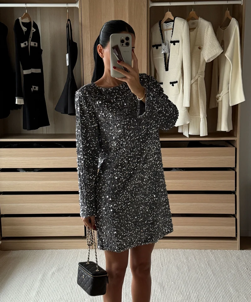 Pailletten Kleid Nessa Schleife Silber
