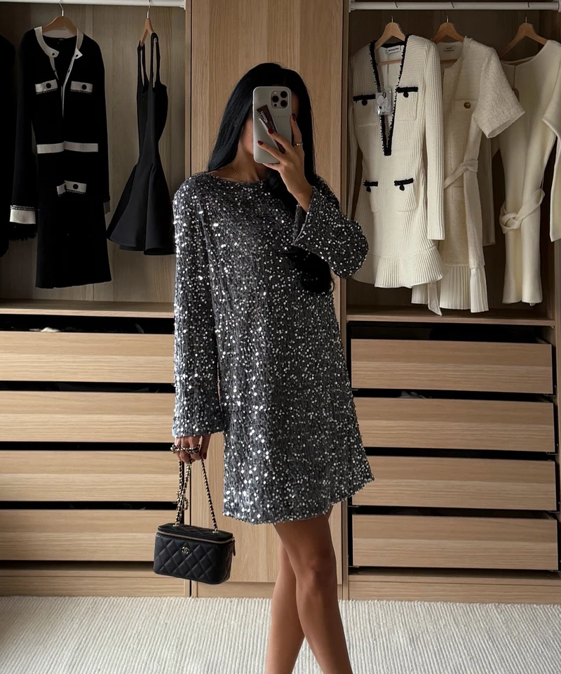 Pailletten Kleid Nessa Schleife Silber