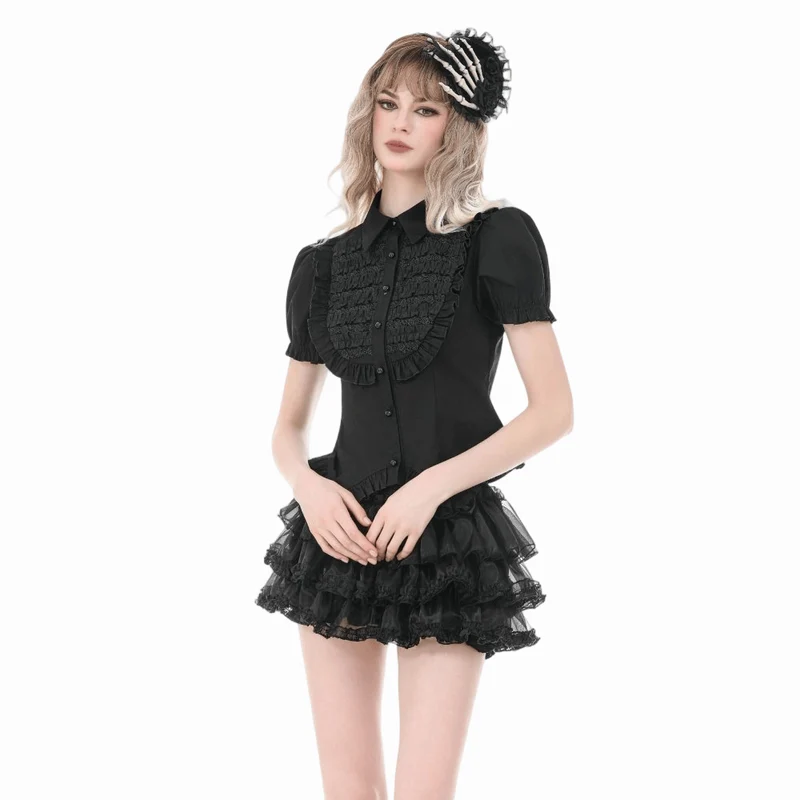 Gothic-Damenbluse mit gerafftem Umlegekragen und Puffärmeln