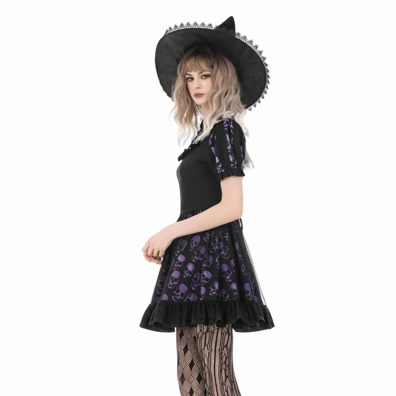 Gothic-Kleid mit Totenkopfprint und kurzen Ärmeln für Damen