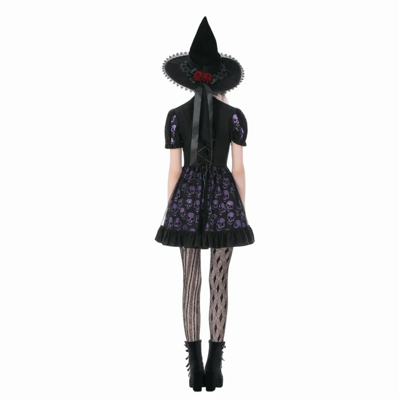 Gothic-Kleid mit Totenkopfprint und kurzen Ärmeln für Damen