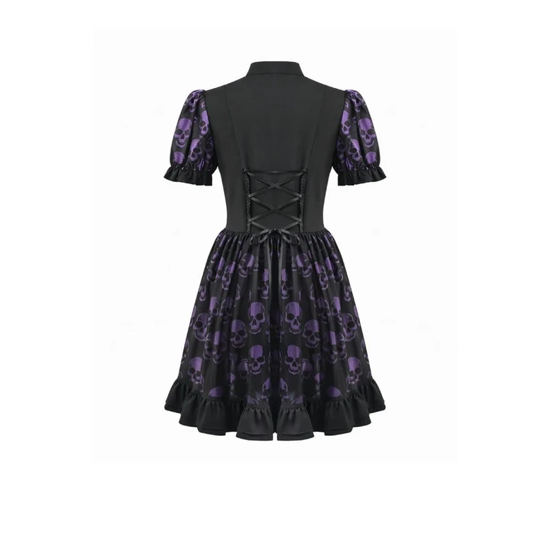 Gothic-Kleid mit Totenkopfprint und kurzen Ärmeln für Damen