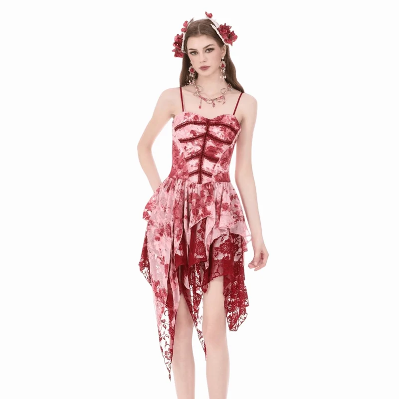 Gothic-Kleid für Damen, asymmetrisch, gestuft, Batikmuster