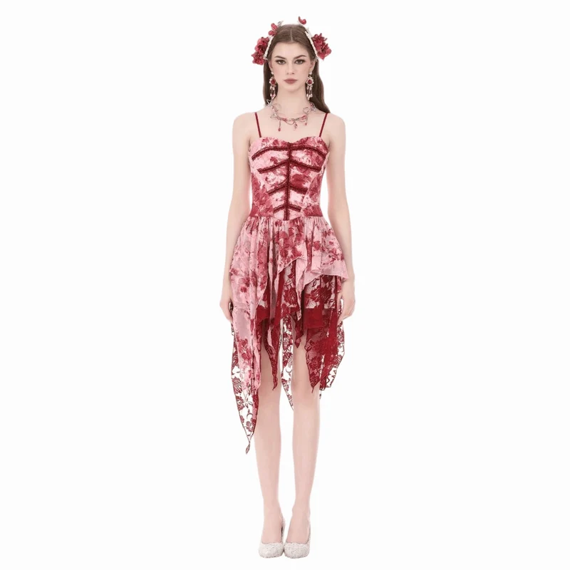 Gothic-Kleid für Damen, asymmetrisch, gestuft, Batikmuster