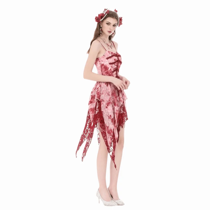 Gothic-Kleid für Damen, asymmetrisch, gestuft, Batikmuster