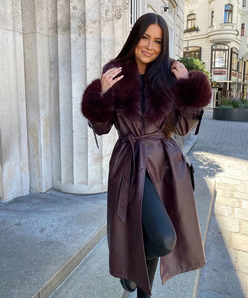 Ledermantel Hillary mit Felldetails Weinrot