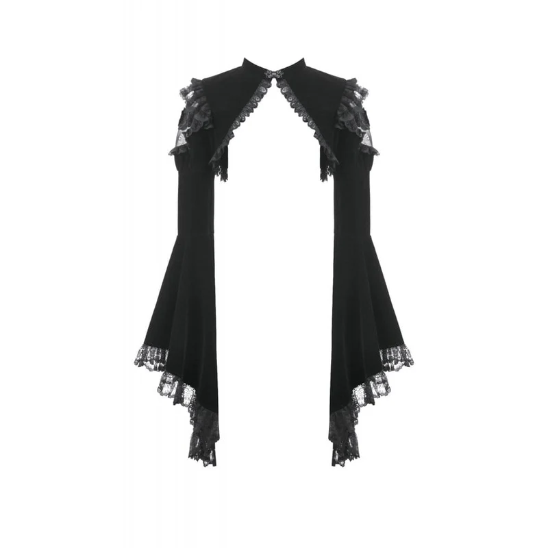 Gothic-Umhang für Damen aus Samt mit floralem Mesh-Einsatz, Rüschenärmeln und ausgestelltem Rock