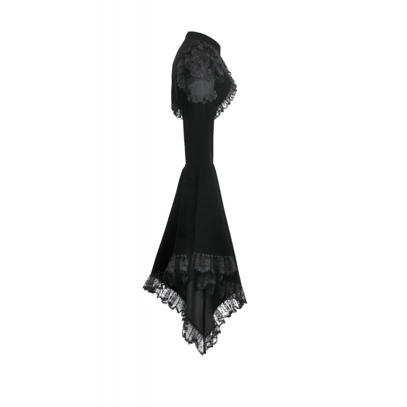 Gothic-Umhang für Damen aus Samt mit floralem Mesh-Einsatz, Rüschenärmeln und ausgestelltem Rock