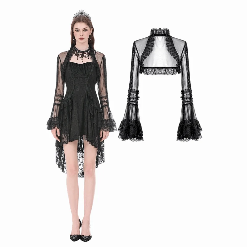 Gothic-Umhang für Damen mit Rüschen, hohem Kragen, ausgestellten Ärmeln und Netzstoff