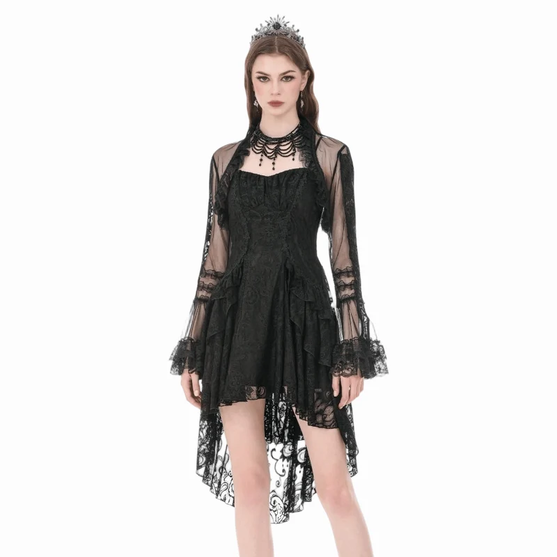 Gothic-Umhang für Damen mit Rüschen, hohem Kragen, ausgestellten Ärmeln und Netzstoff