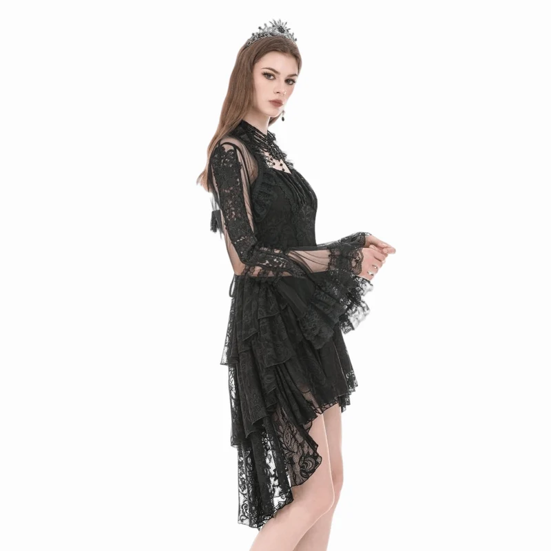 Gothic-Umhang für Damen mit Rüschen, hohem Kragen, ausgestellten Ärmeln und Netzstoff