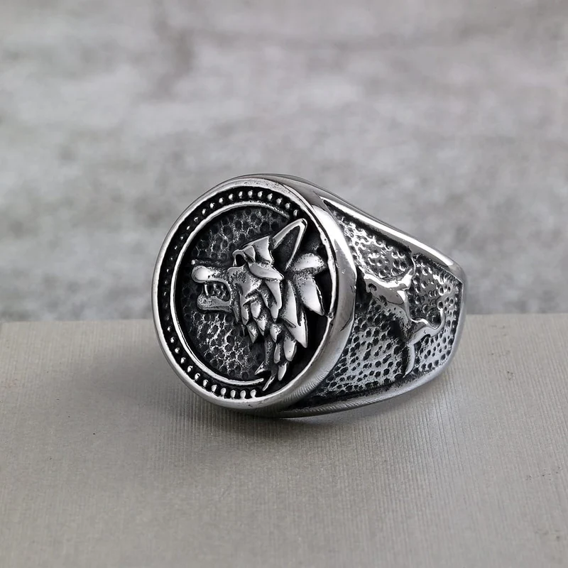 Punk-Ring für Herren mit Wolfskopf-Motiv und Struktur