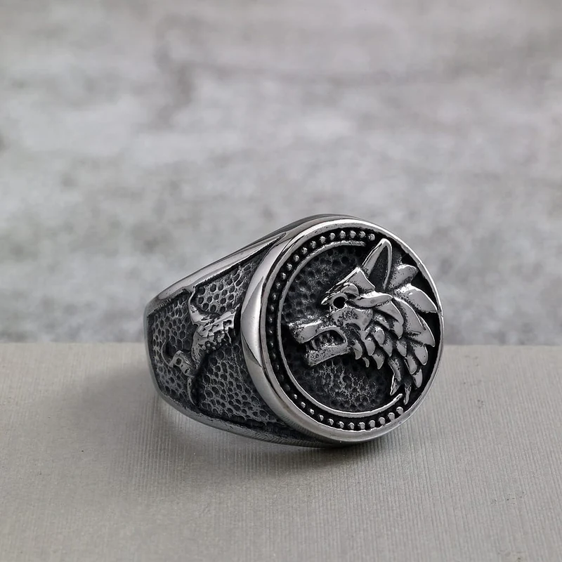 Punk-Ring für Herren mit Wolfskopf-Motiv und Struktur