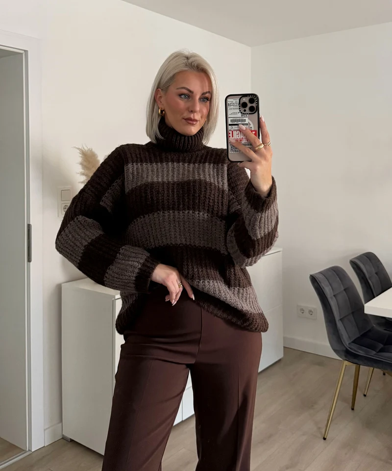Rollkragen Pullover Tanny Streifen Dunkelbraun
