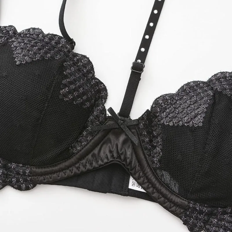 Gothic-Dessous-Set für Damen mit Herzstickerei aus Mesh