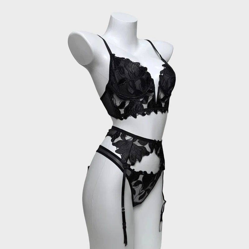 Gothic-Dessous-Set für Damen aus bestickter Spitze mit Blumenmuster