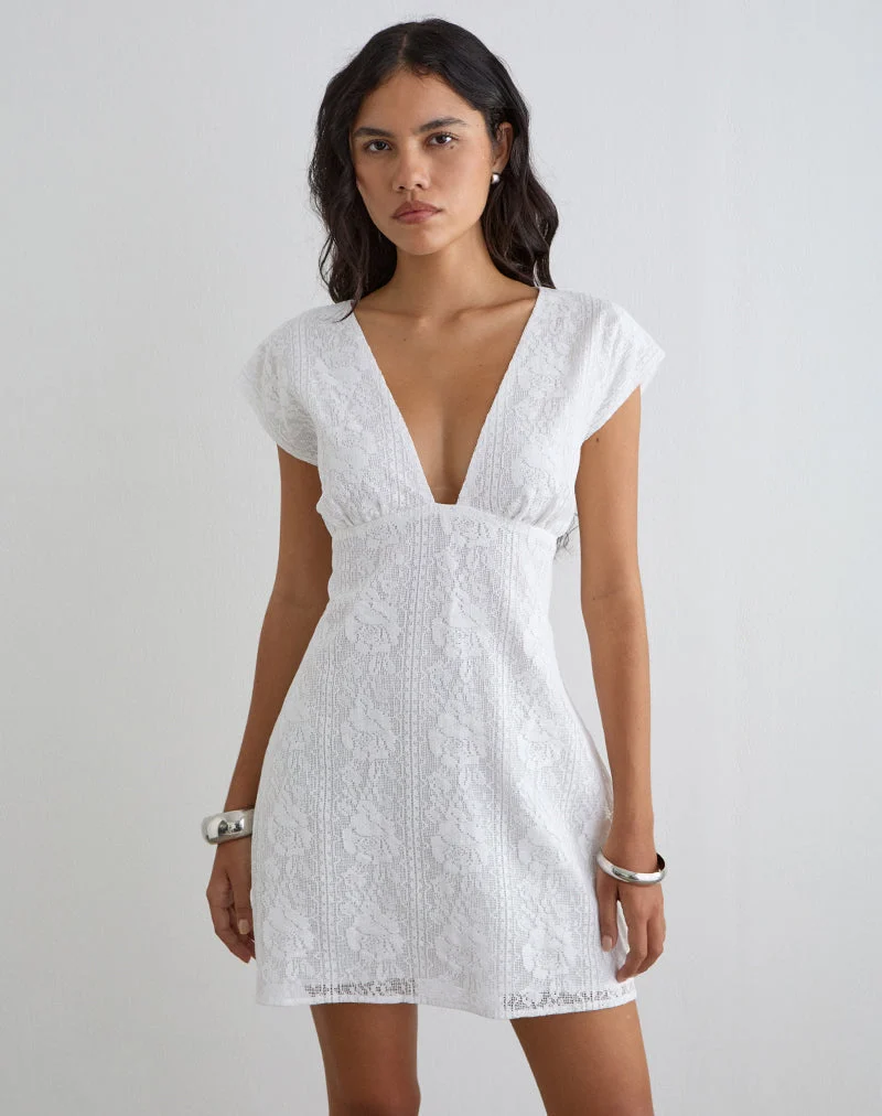 Yenna Mini-Kleid mit tiefem Ausschnitt aus weißer Blumenspitze