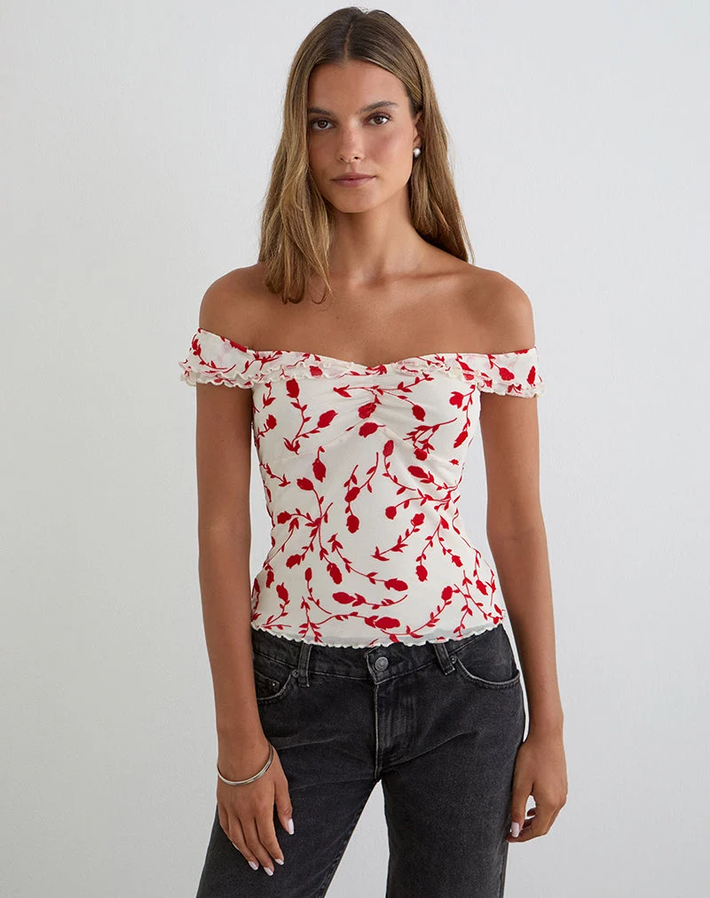 Switi Bardot-Top in Creme mit rotem Lilienblatt-Flockdruck