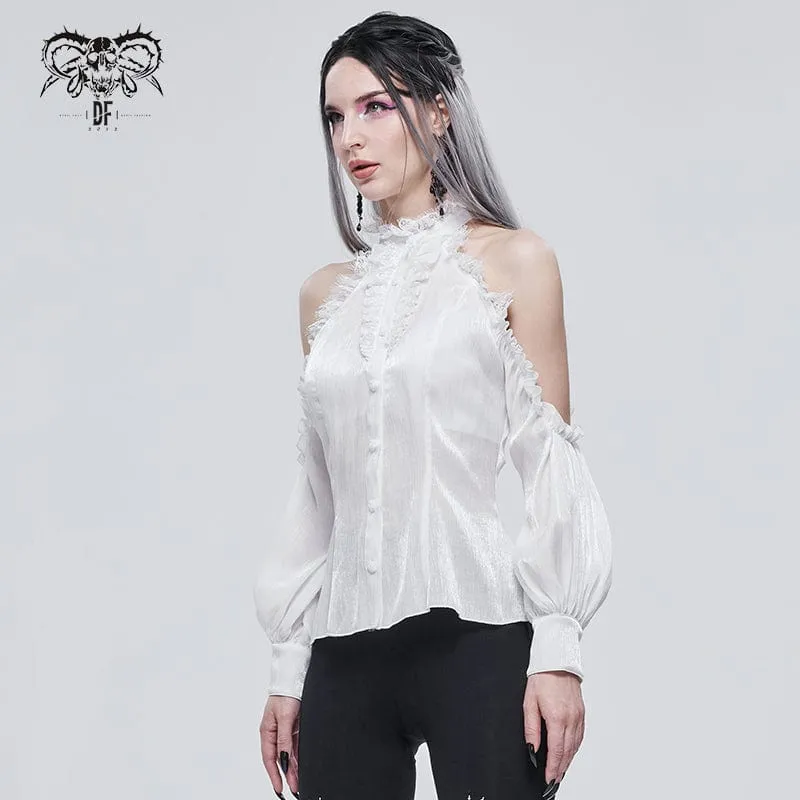 Damen Gothic Riemchen Schulterfrei Spitzensaum Weißes Hemd