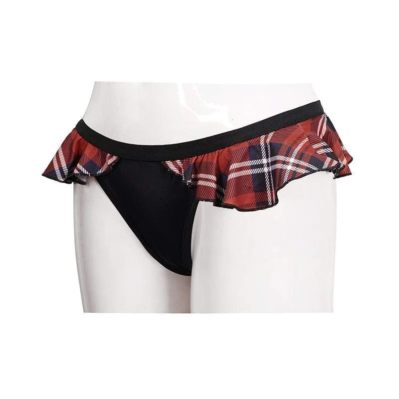 Frauen Grunge Black Cheeky Bikini Bottoms mit Scottish Check Rüschen