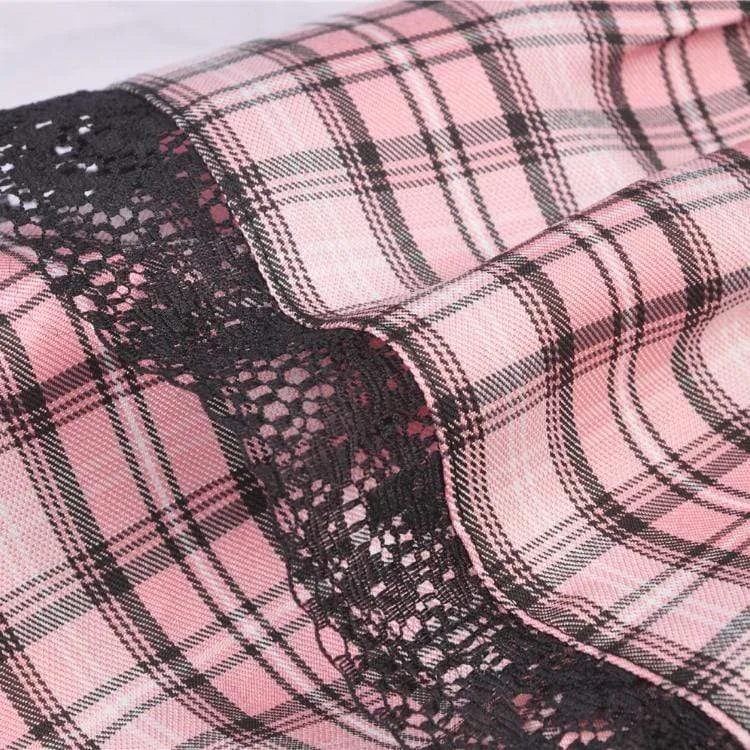 Damen Lolita Rock Heart Pink Plaid Miniröcke mit Spitzensaum