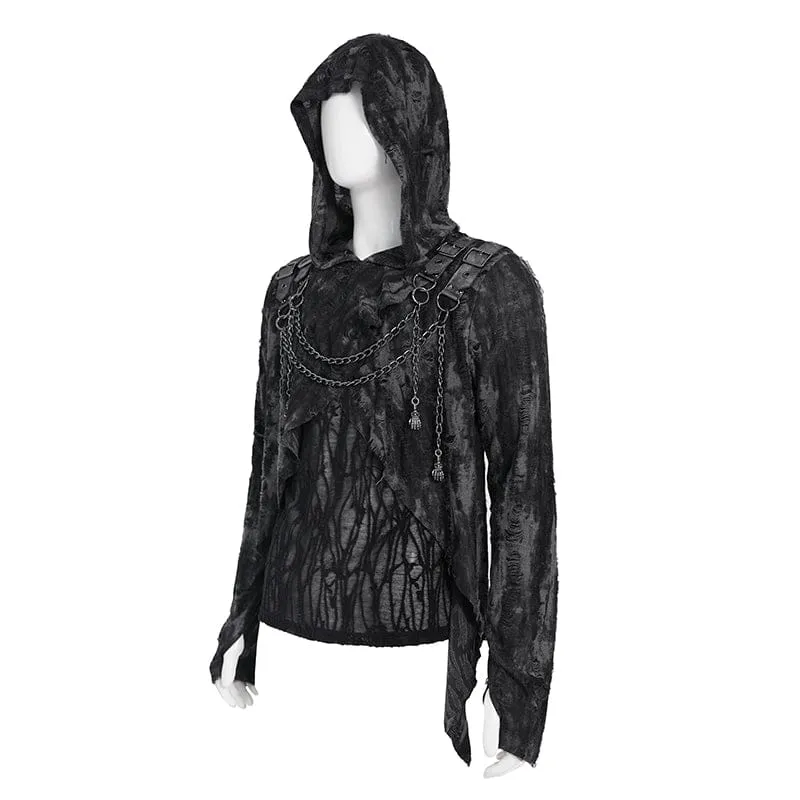 Punk-Hoodie für Herren mit Rissen und Kettenapplikationen
