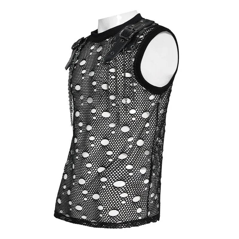 Punk-Tanktop für Herren mit Cut-out-Ketten und Netzstoff