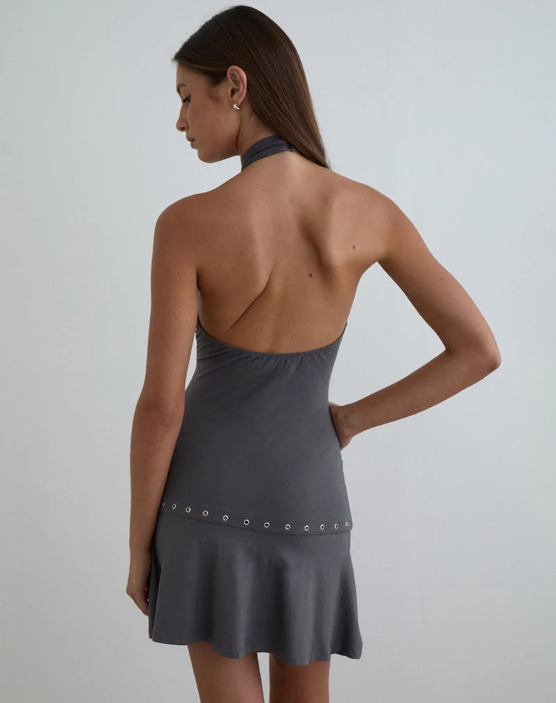 Nakime Neckholder-Minikleid mit Ösen aus Jersey in Anthrazitgrau