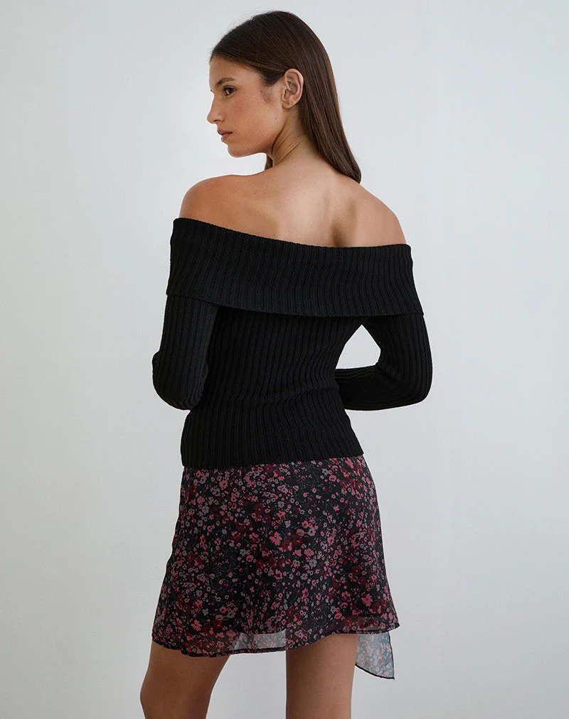 Naru Minirock aus Chiffon mit verstreuten Blumenmustern in Schwarz und Rot