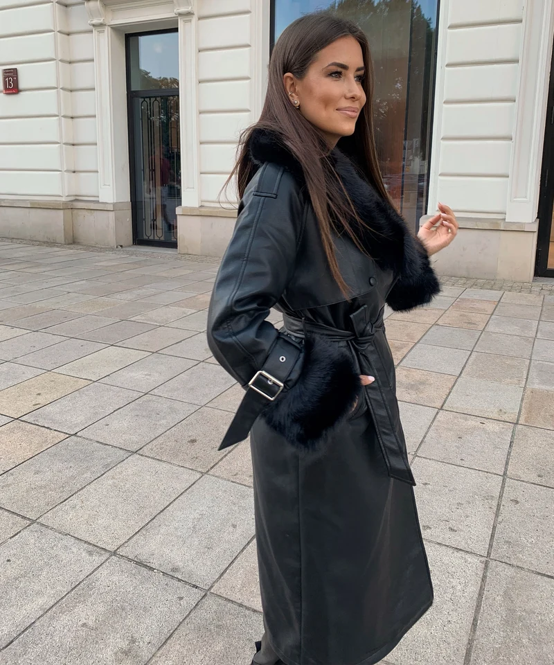 Ledermantel Hillary mit Felldetails Schwarz