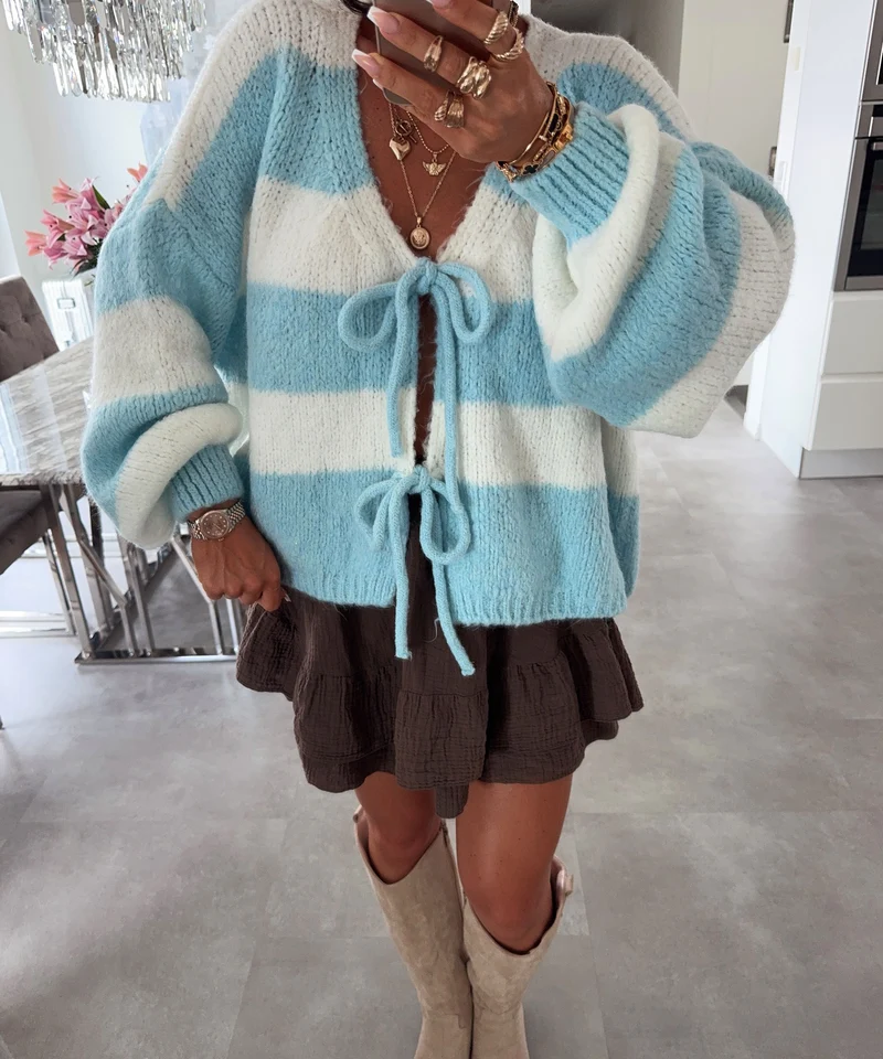 Cardigan Schleife Fia Streifen Hellblau