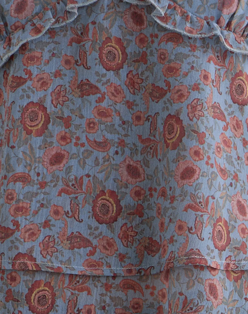 Millar-Top mit Rüschen aus Chiffon in der Farbe „Shadow Blossom Blue“
