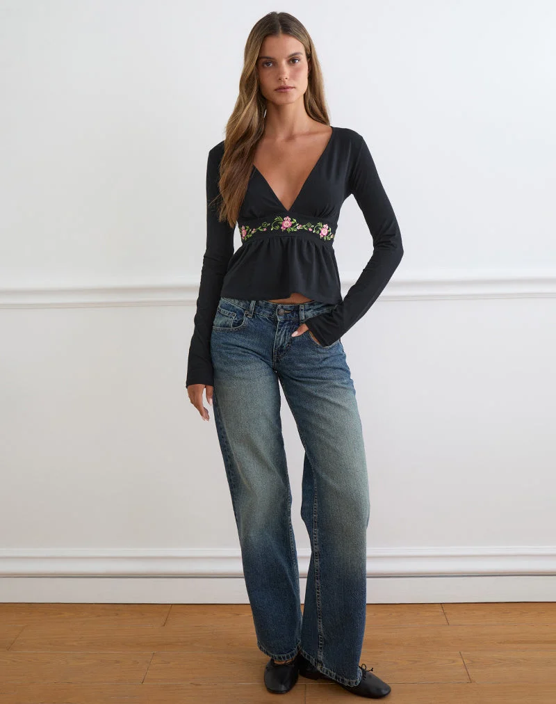 Yahop-Top in Schwarz mit geschwungener Blumenstickerei
