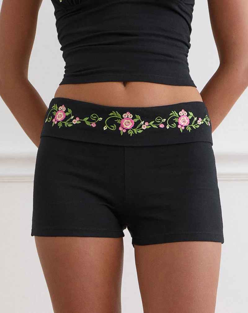 „Sea Foldover“-Shorts in Schwarz mit wirbelnder Blumenstickerei