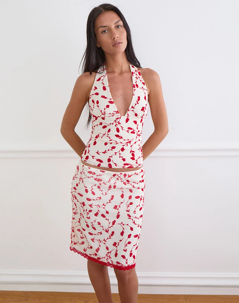 Corsita-Top in Creme mit rotem Lilienmuster