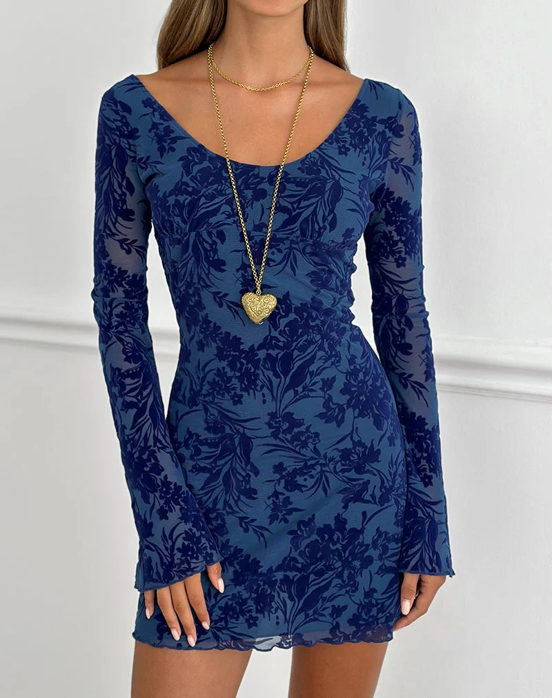 Bindara-Minikleid in Marineblau mit „Midnight Leaf“-Flockmuster