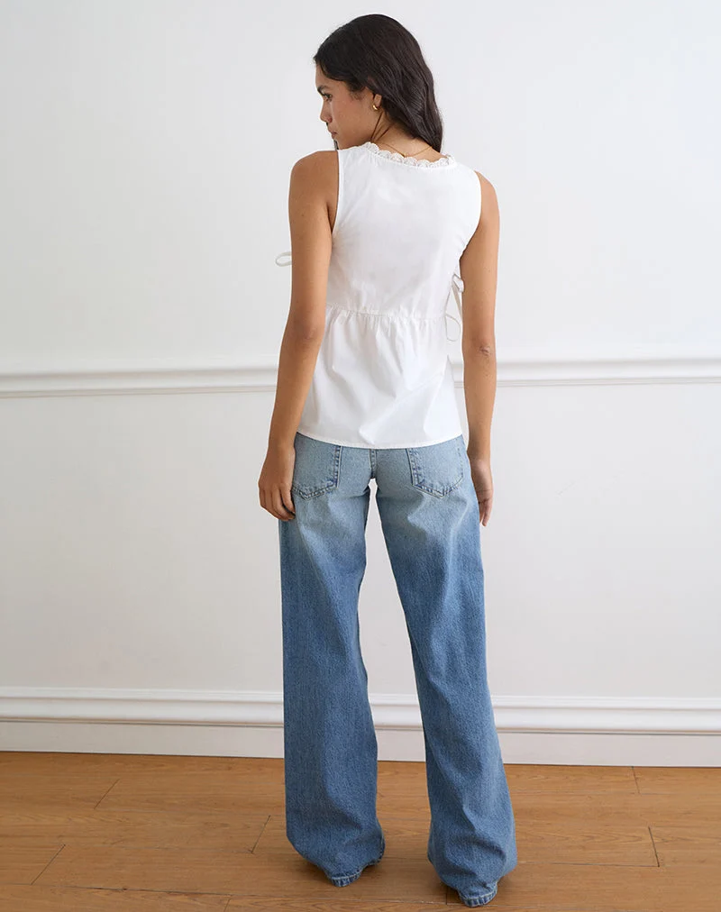 Fahwa-Bluse mit seitlichem Bindeband aus weißem Popeline