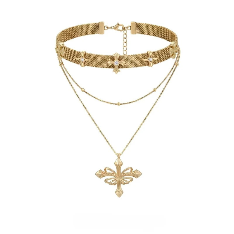 Grunge-Kette mit mehreren Lagen für Damen mit Kreuzmotiv