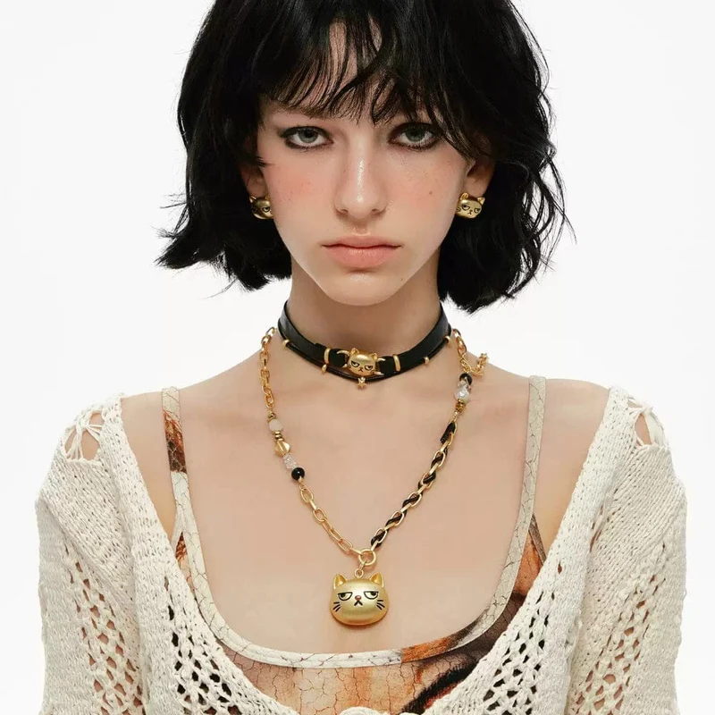 Grunge-Choker für Damen mit unglücklicher Katze, doppellagig
