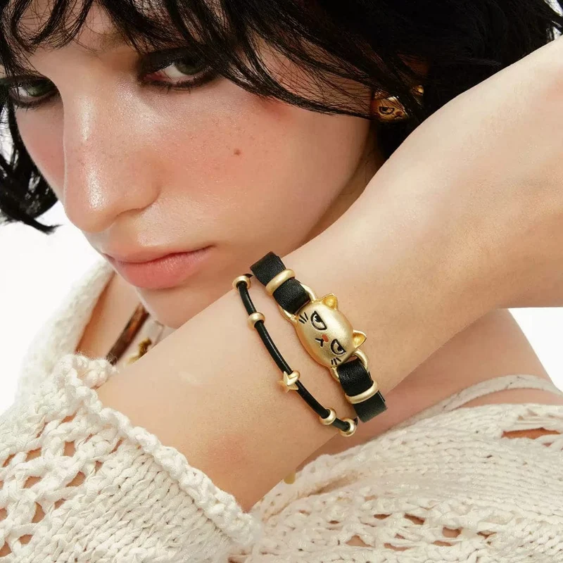 Grunge-Armband für Damen mit unglücklicher Katze, zweilagig