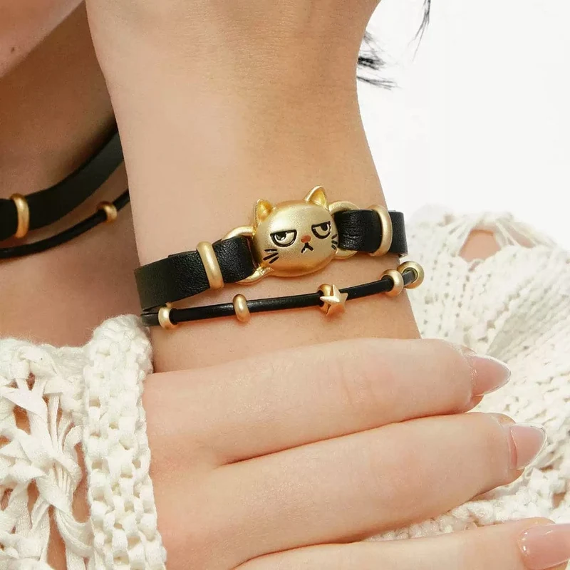 Grunge-Armband für Damen mit unglücklicher Katze, zweilagig