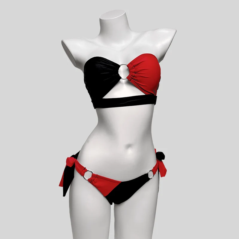 Damen-Bikini-Set im Grunge-Stil mit kontrastfarbenen Ringen und seitlichen Bindebändern